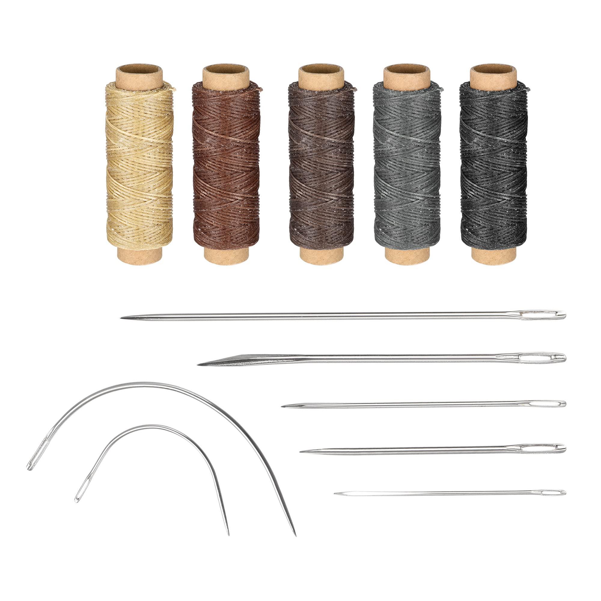 sourcing map Leather Sewing Thread Hand Stitching Tools Kit, Includes 5 Colors Polyester Waxed Flat Cord, Sewing Needles, Stitching Awls, Thimble, Measuring Tape. 2