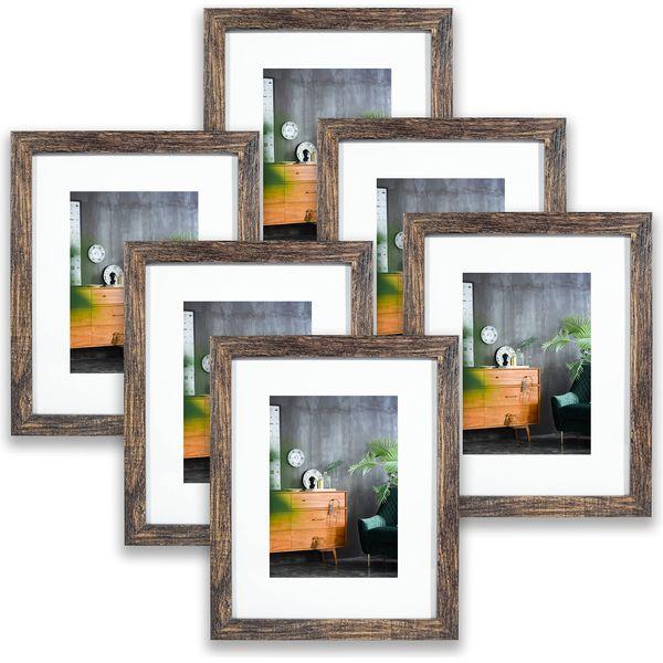 LOKCASA 8x10 Photo Frames Set of 6,Matted For 5x7 or Display 8x10 without Mount,Glass Window,Tabletop or Wall Mount,Rustic Brown 0