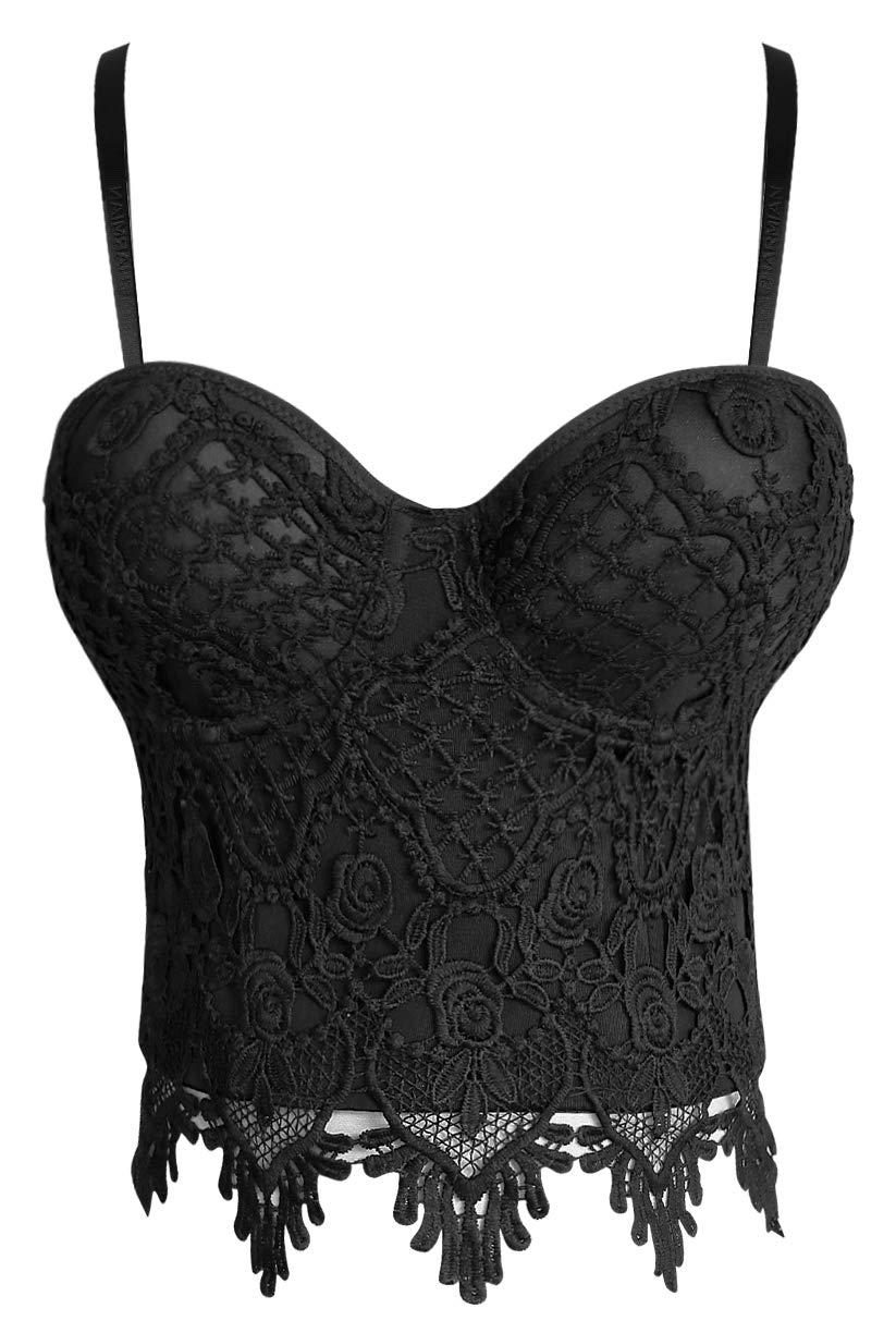 Charmian Women's B Cup Sexy Beauty Floral Lace Bustier Club Party Crop Top Bra Black Large 0