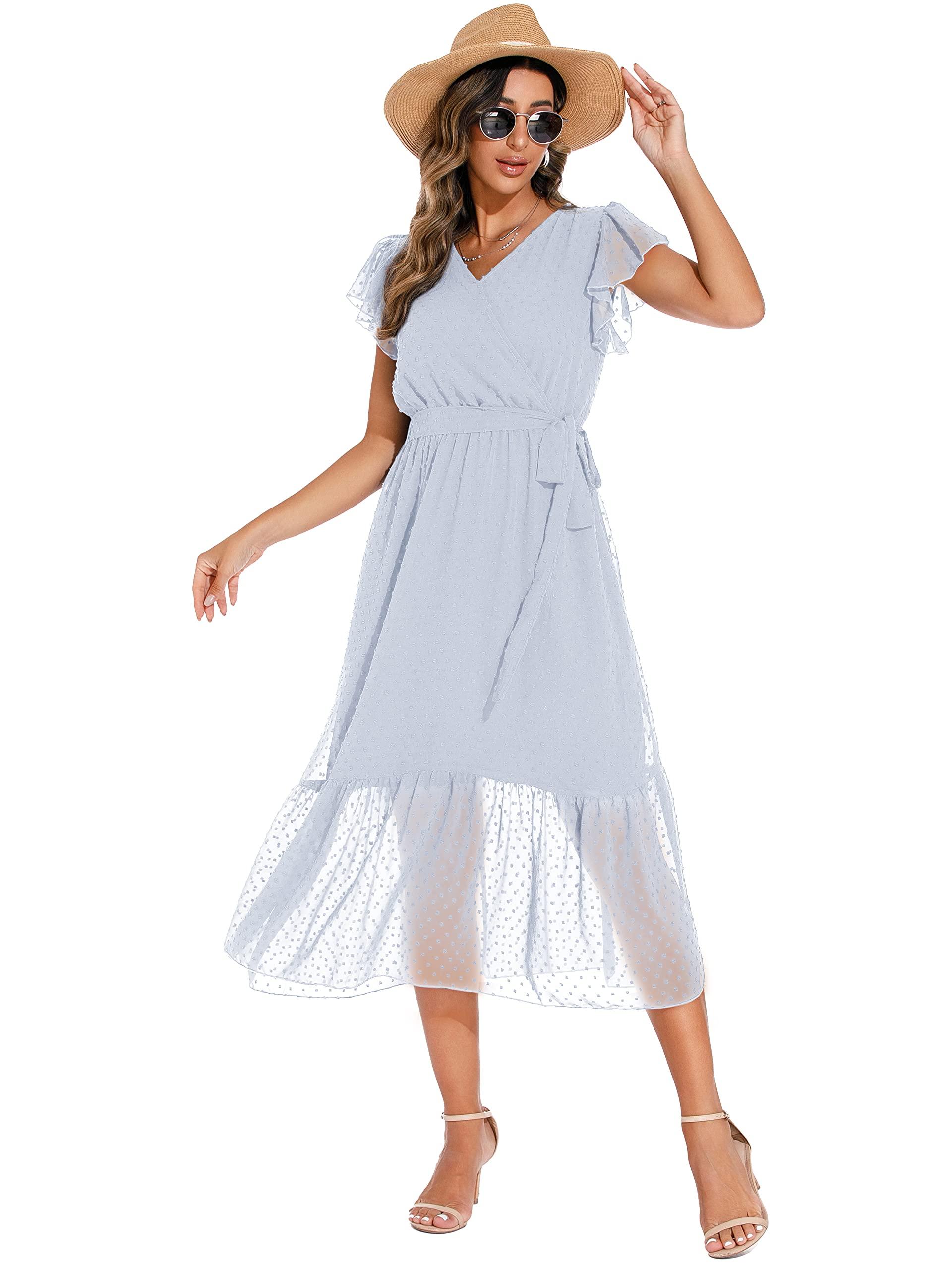 GRECERELLE Womens Summer Wrap Maxi Dress Chiffon Cute Casual V Neck Ruffle Short SleeveTie Waist Dresses with Lining (Swiss Dot Light Blue, M) 4