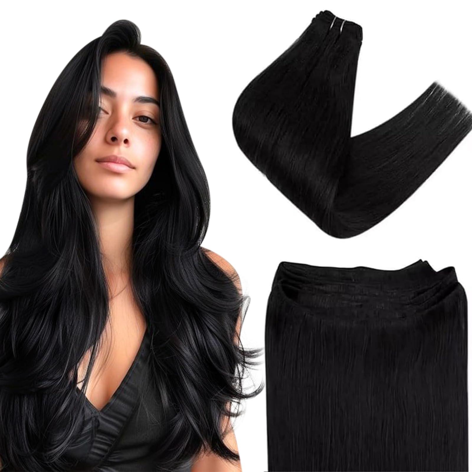 Easyouth Weft Hair Extensions Human Hair Black Sew in Weft Extensions Real Hair 12 Inch 70g Jet Black Sew in Hair Extensions Double Weft Hair Remy