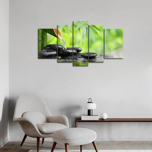 5 Panel Wall Art Green Spa Still Life With Bamboo Fountain And Zen Stone In Water Painting The Picture Print On Canvas Botanical Pictures For Home Decor Piece Stretched By Wooden Frame Ready To Hang 4