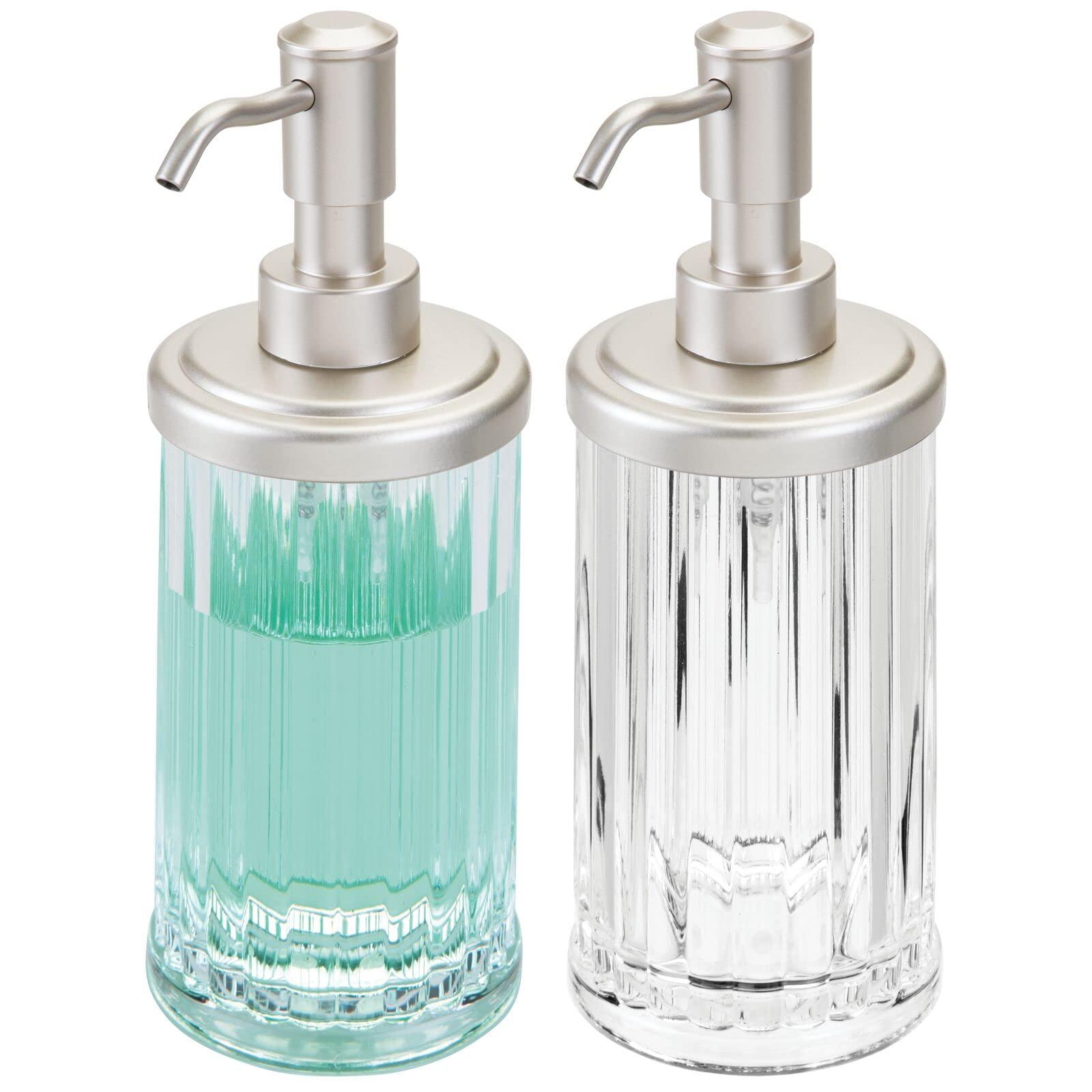 mDesign Liquid Soap Dispenser Bottles - Set of 2 - Tall, Plastic Refillable Soap Pumps - Soap and Lotion Dispenser Set with 385 Ml Capacity - Clear/Matte Silver 0