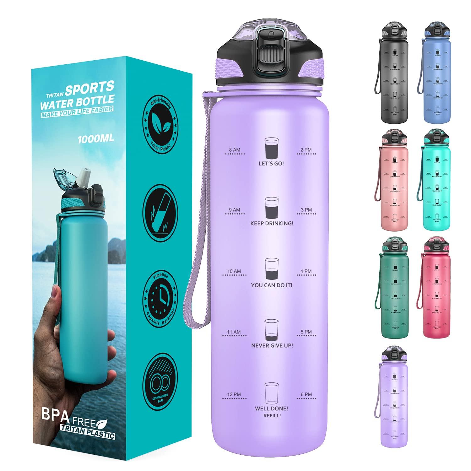 Taspire 1 Litre Time Marked Water Bottle with Straw, Leakproof BPA-free Tritan Water Bottle with Time Markings, Motivational Water Bottle with Times to Drink (Light Purple) 0