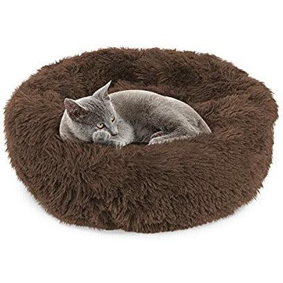 FurDreams Plush Cat & Dog Bed - Brown, M | Soft, Warm & Calming Round Cushion Cuddler for Pets | Fluffy Donut Pillow Shape for Anxiety, Anti Stress & Orthopaedic Sleeping Relief | Machine Washable