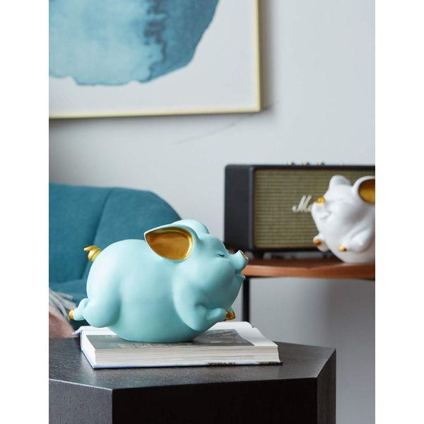 Amoy-Art Piggy Bank Coin Bank Pig Gifts Figurine Animal Decor Polyresin Arts Blue 21cm 2