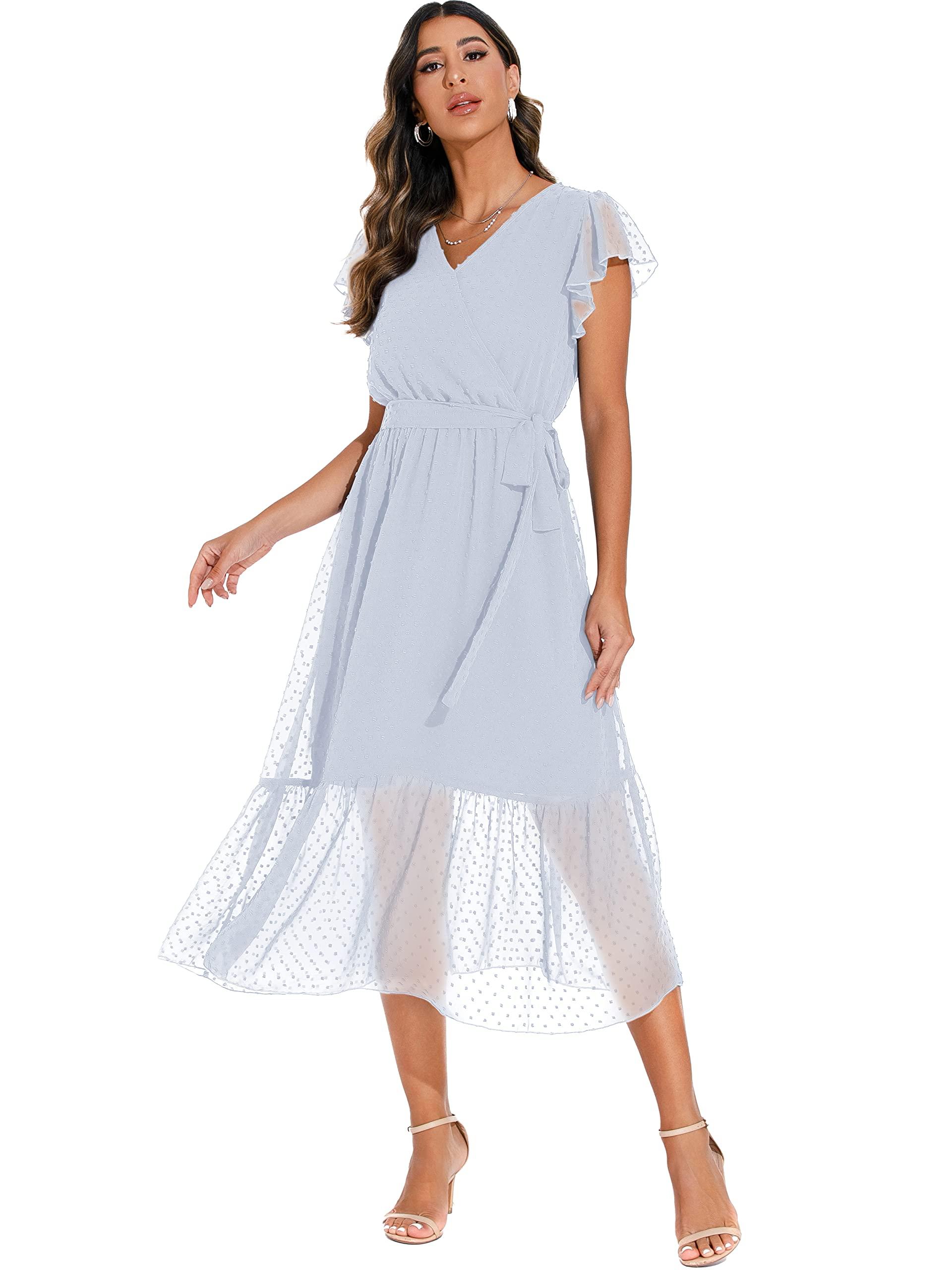 GRECERELLE Womens Summer Wrap Maxi Dress Chiffon Cute Casual V Neck Ruffle Short SleeveTie Waist Dresses with Lining (Swiss Dot Light Blue, M) 6