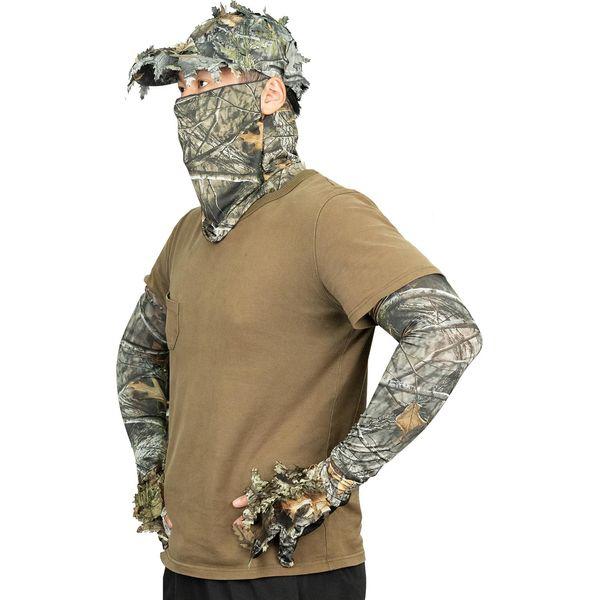 Tongcamo Hunting Face Mask Gaiter with Ghillie Hat, Camouflage Gloves Leafy, Arm Sleeves for Men Women Waterfowl Tree Camo Duck Turkey Hunting Blinds, 6 Pieces Hunting Accessories 1