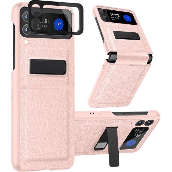 pcgaga for Galaxy Z Flip 3 Case with [Hinge Protection] [Bulit-in Cover Screen Camera Protector] Kickstand Leather Phone Case for Samsung Galaxy Z Flip3 5G 2021 - Pink 0