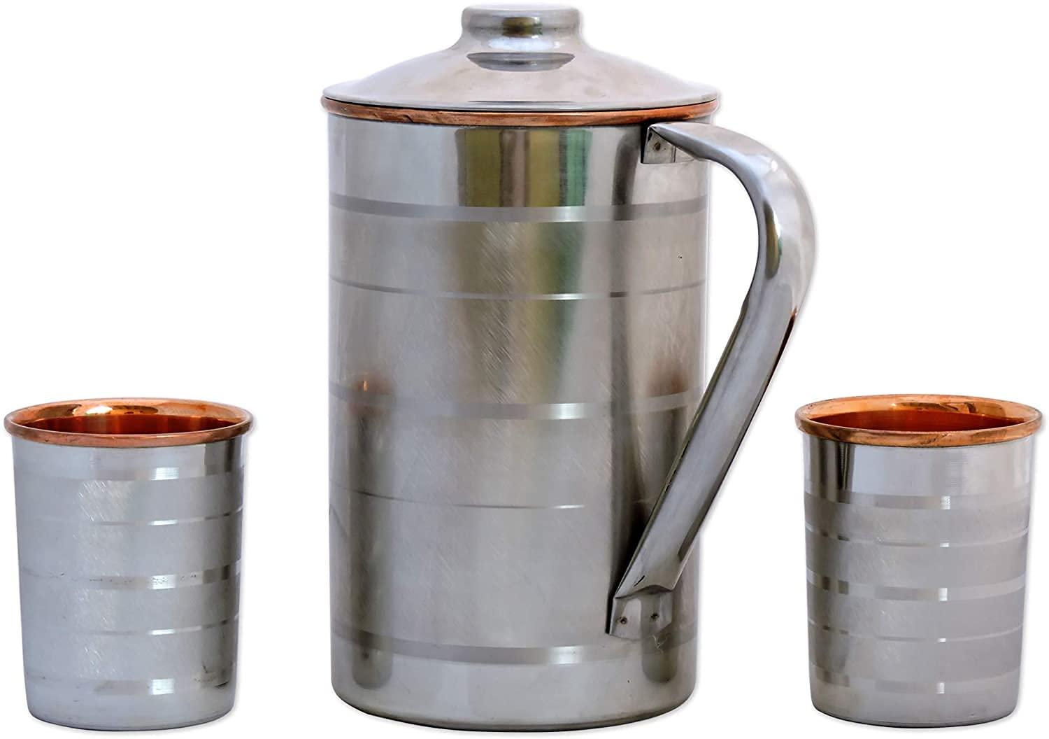 Stainless Steel and Pure Copper Water Pitcher with Matching Tumblers | Steel and Copper Pitcher for Drinking Ayurvedic Water (57.48 fl. Oz.) 0