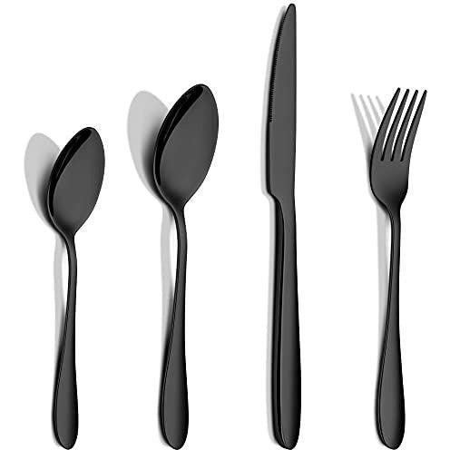 AIKKIL Silverware Set, Stainless Steel Flatware Cutlery Set Service, Tableware Eating Utensils Include Knives/Forks/Spoons, Mirror Polished, Dishwasher Safe (48, Black) 0