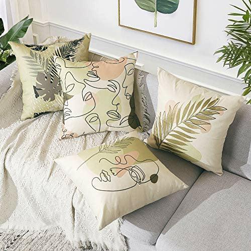 Artscope Set of 4 Decorative Cushion Covers 45x45cm, Abstract Human Face and Plant Pattern Waterproof Throw Pillow Covers, Perfect to Outdoor Patio Garden Bench Living Room Sofa Farmhouse Decor 1