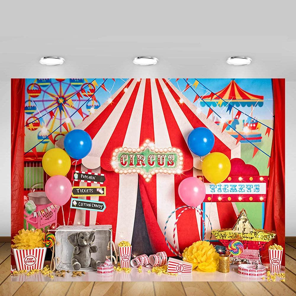 MEHOFOND 7x5ft Circus Carnival Photography Backdrop Stripes Tent Balloon Flag Birthday Party Background Banner Popcorn Tickets Cake Smash Decor Child Portrait Photo Studio Booth Props 3