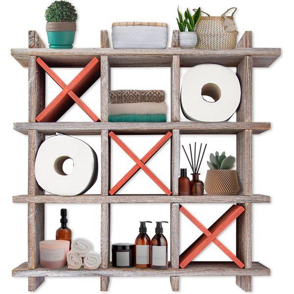 Rustic Tic-Tac-Toe Toilet Paper Holder for Bathroom - Playful Storage Shelves for Toilet Tissue in Distressed White Color - Freestanding or Wall Mount Bath Shelves for Your Farmhouse Décor