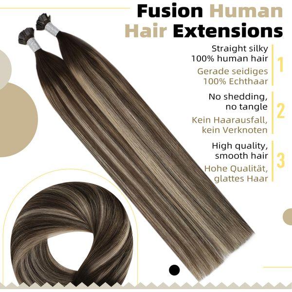 Ugeat Human Hair Extensions Flat Tip 18 Inch Flat Tip Hair Extensions Balayage Brown with Ash Blonde #4/18/4 Tips Hair Extensions Keratin 50 Grams Hot Fusion Hair Extensions Real Human Hair 1