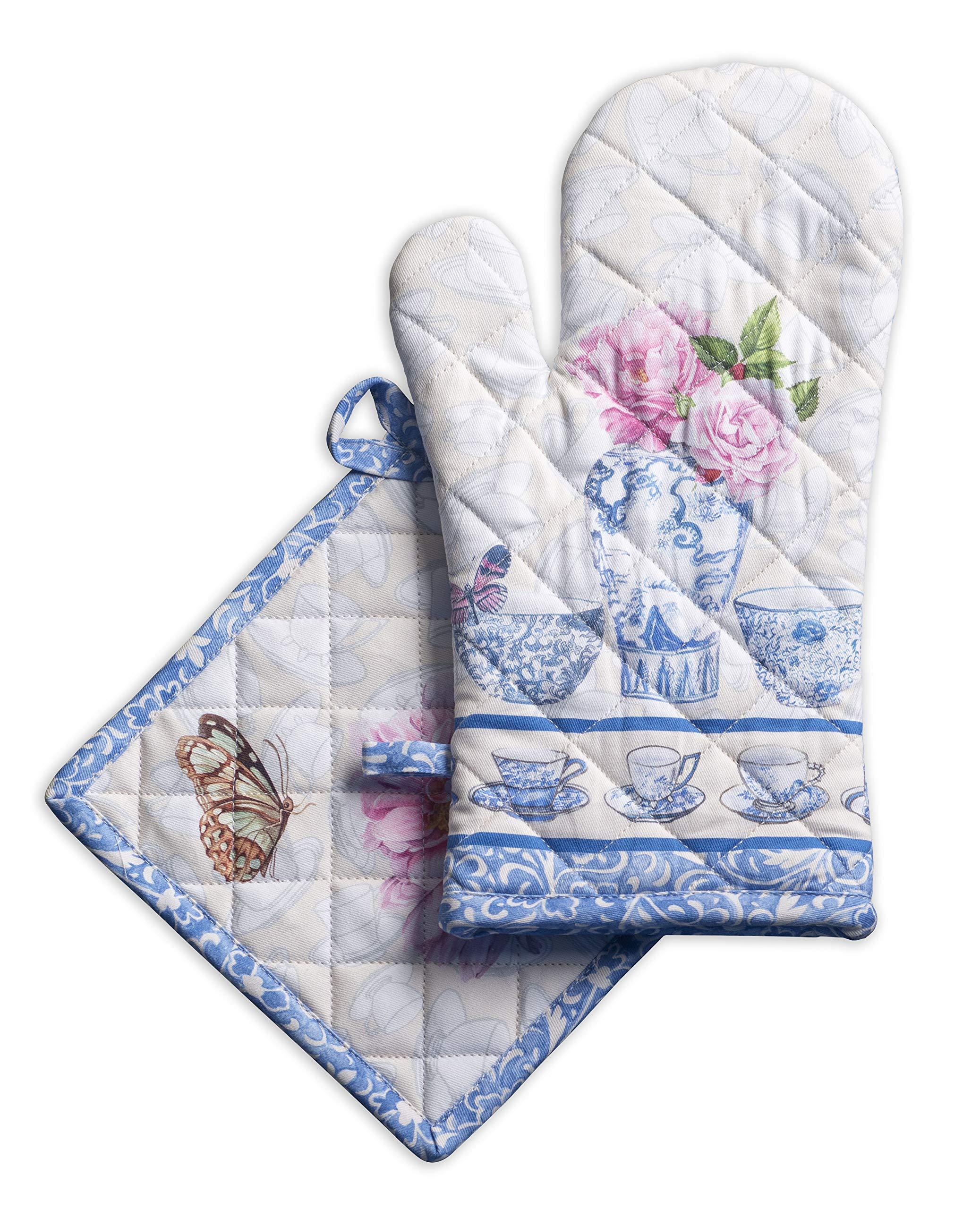 Maison d' Hermine Easter Oven Mitt (19cm x 33cm) and Pot Holder (20cm x 20cm) 100% Cotton Kitchen Oven Mitt + Pot Holder Heat Resistant for Banquet, BBQ, Microwave Barbecue, Canton - Spring/Summer 0