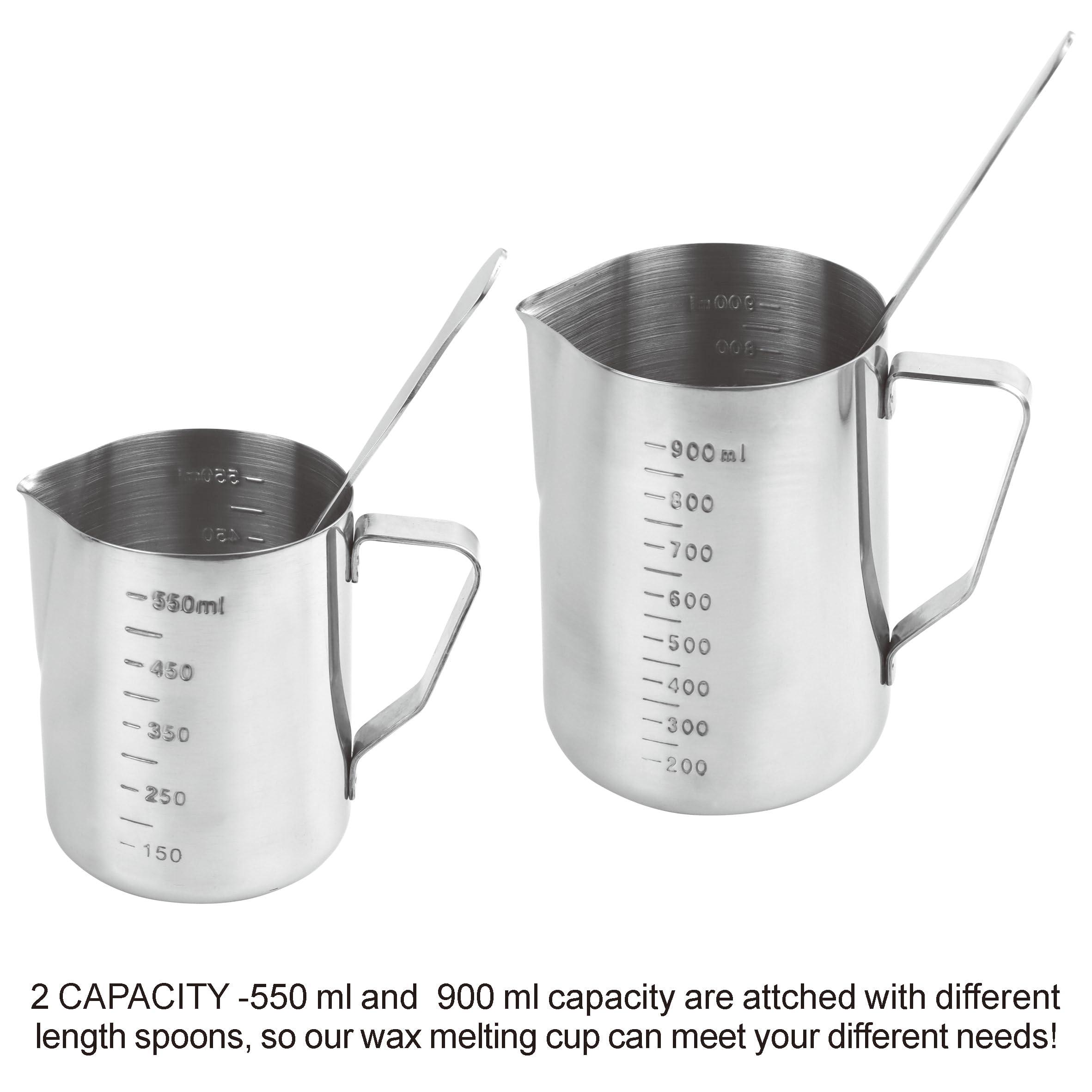 Doandgo 2Pack Double Boiler Wax Melting Pot with 2 Spoons, Measuring Cups Stainless Steel Candle Making Wax Pouring Pot Pitcher, Dripless Pouring Spout, Heat-Resisting Handle Designed(600ml, 900ml) 3