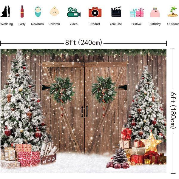 INRUI Christmas Wooden Door Pine Trees Photography Background Glitter Winter Chrisrmas Gift Boxes Family Holiday Party Decoration Backdrop (8x6FT) 3