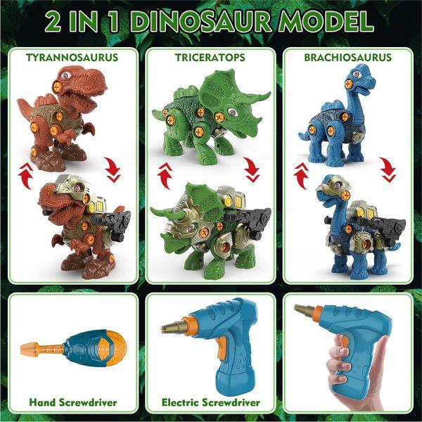 GILOBABY Take Apart Dinosaur Toys for Kids, 3 DIY Dinosaur Toys with LED Lights, Roaring, STEM Construction Building Toy Set with Electric Drill, Educational Toy Gifts for Boys and Girls Aged 3+ 2