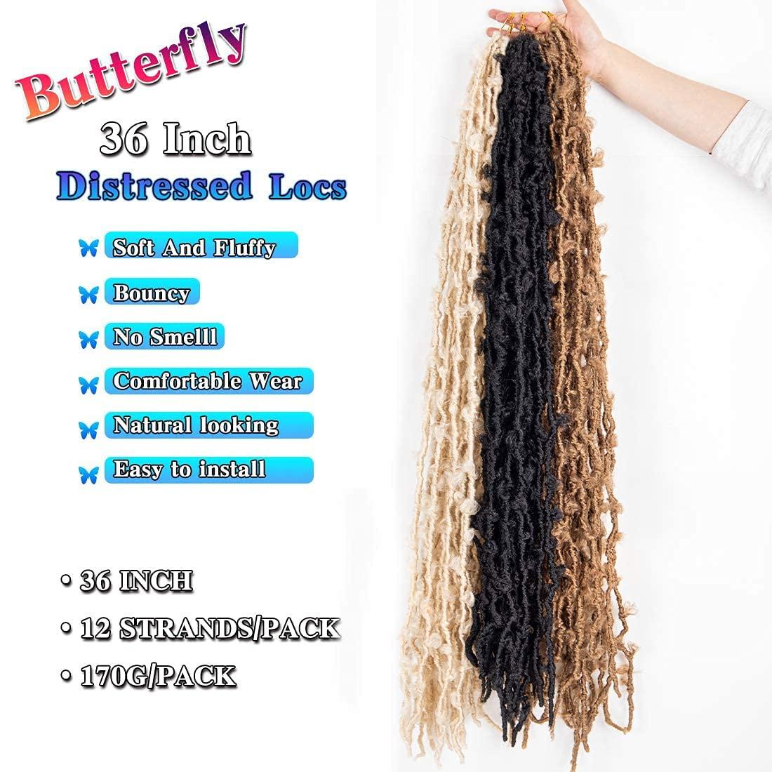 36 Inch Butterfly Locs Crochet Hair 3 Packs Long Faux Locs Crochet Braids Pre looped Distressed Butterfly Soft Locs Crochet Dreadlocks Synthetic Hair Extensions (36 Inch （pack of 3）, 350#) 1