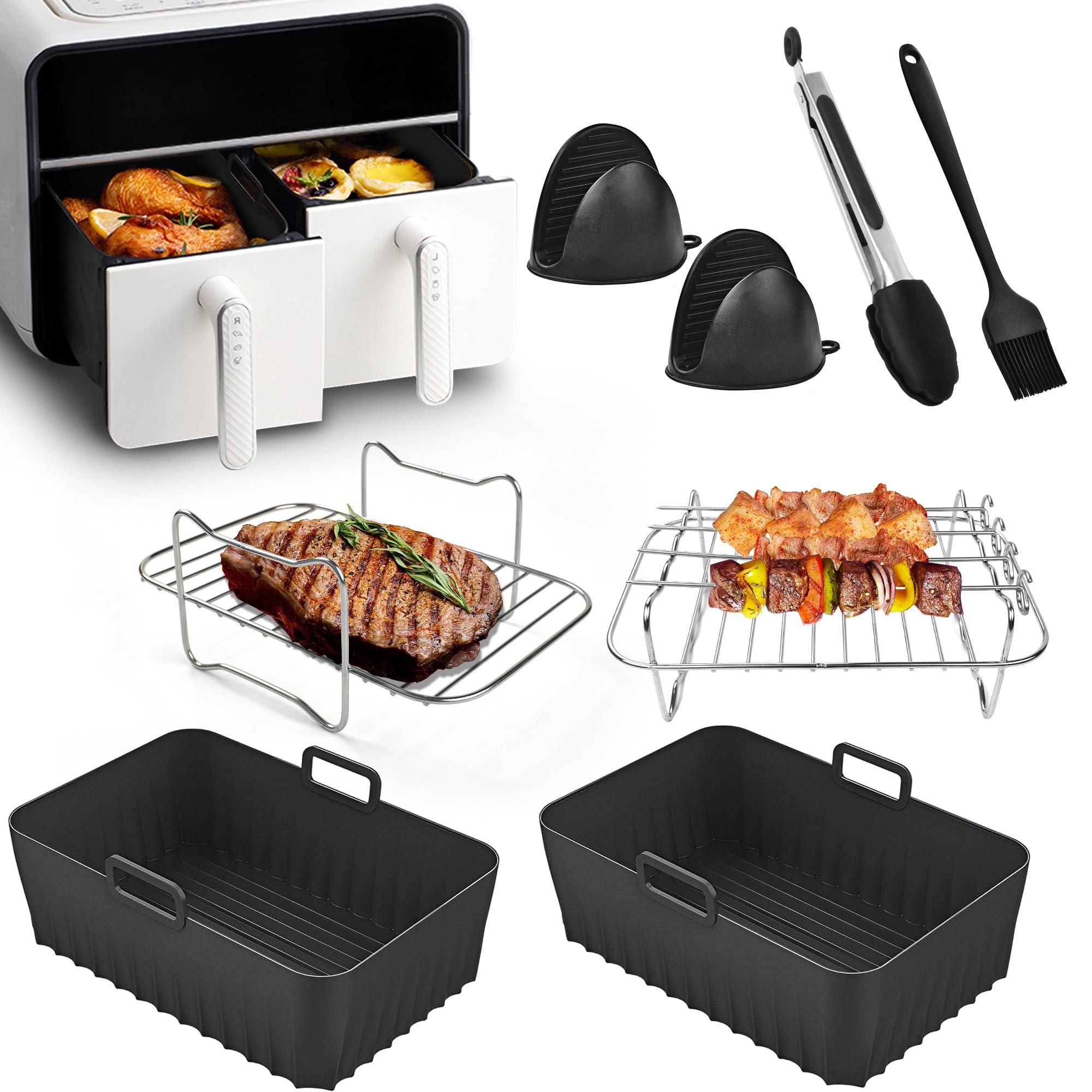 Yeeammk Air Fryer Accessories, 2 Pcs Silicone Reusable Liners for Ninja Dual&Tower Dual Fryer, Racks with 4 Skewers, Oil Brush, Food Tongs & Gloves, Black 0