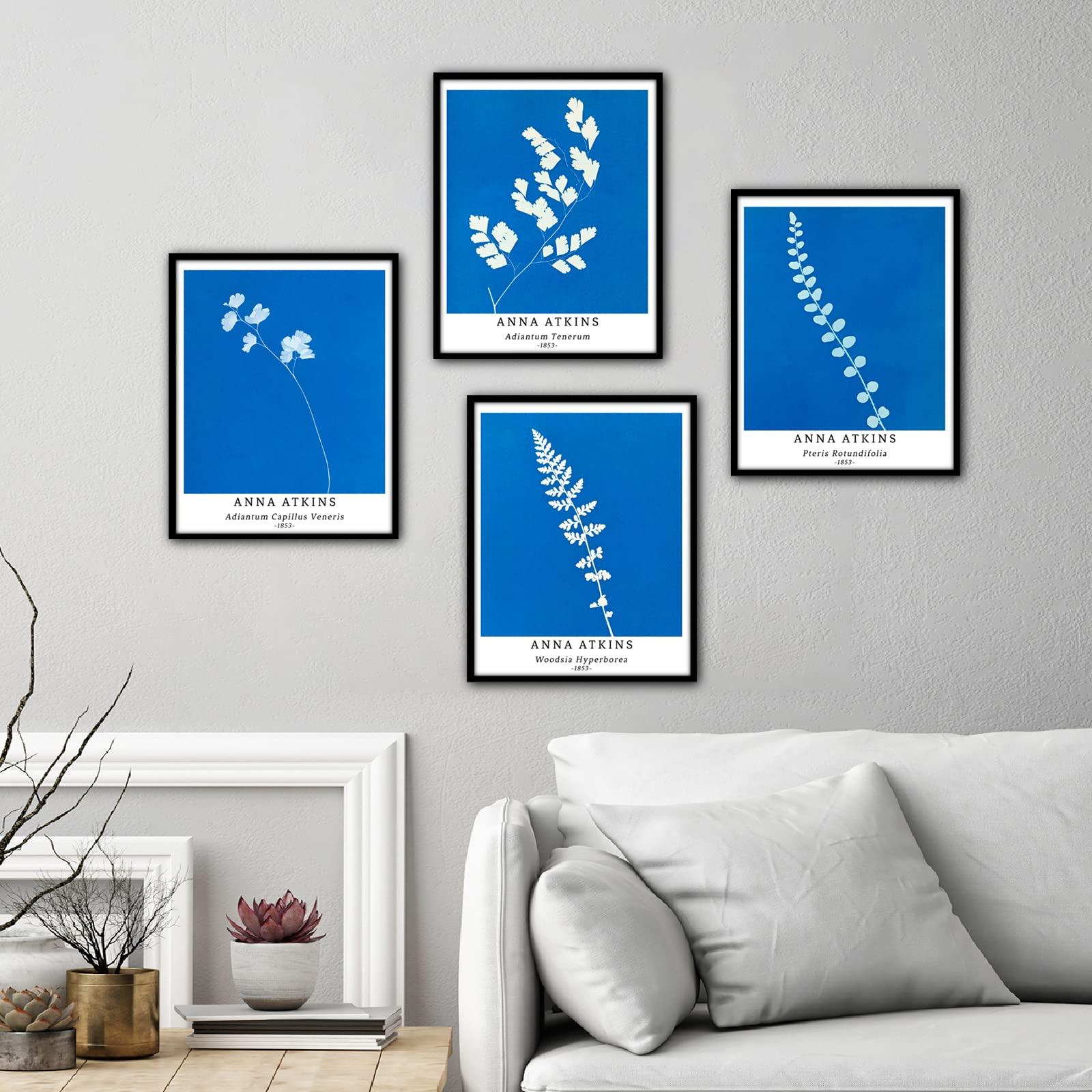 Berkin Arts Wall Art Unframed Prints Giclee Art Paper Set of 4, 8x10 inch Flower Artwork Medium Size, Livingroom Decoration Botanical Blue Minimalist Plant Illustrations Anna Atkins Posters 8