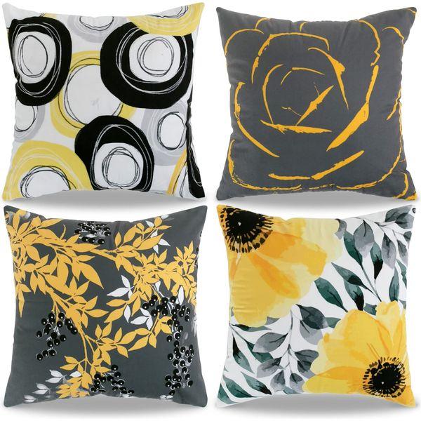Allmarkhomes Velvet Throw Pillow Covers Printed Flowers Outdoor Yellow and Grey Cushion Cases for Bedroom Sofa Chair 18 X 18 Inches Pack of 4 0