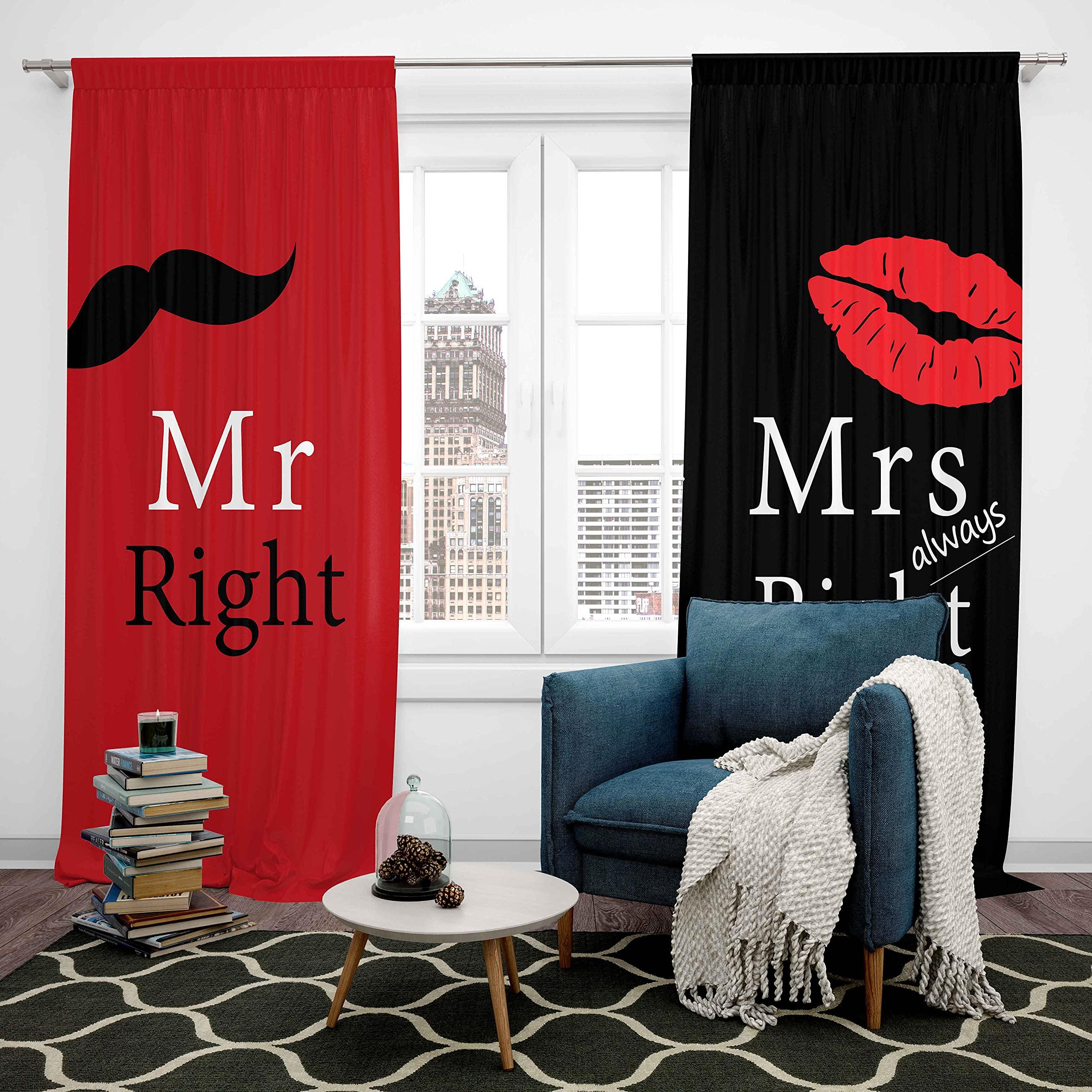 Mr Mrs Curtain Black Red Creative Window Curtain Love Man Mustache Woman Lip Romance Curtain Funny White Quote For Boys Girls Lover Couple Valentine Day for Bedroom Living Room W46*L54 2