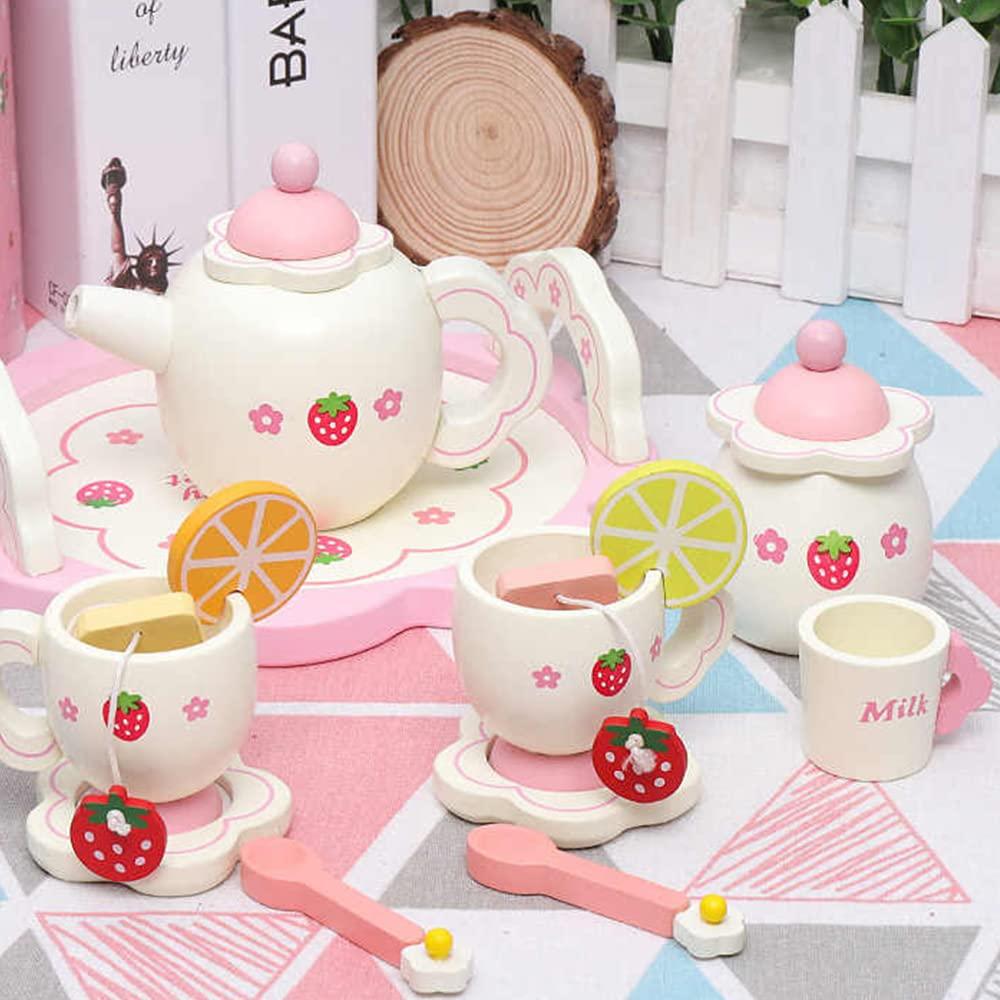 NAVK Wooden Tea Set Toys, Pretend Play Game Toy for Girls, 14 Pcs Cute Kids Wooden Kitchen Accessories, Birthday Christmas Easter Gift for Kids Boy 4