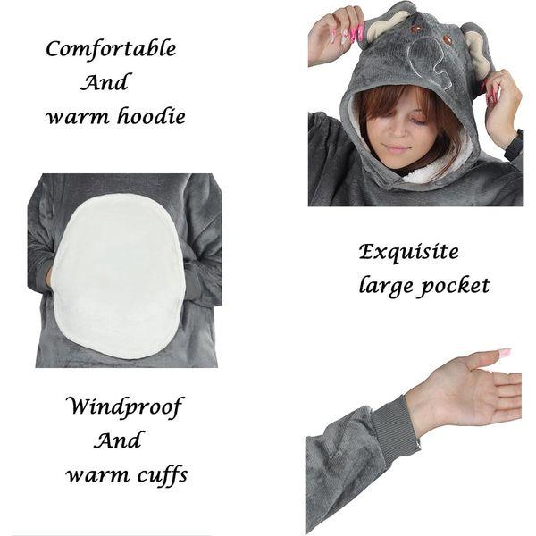 Queenshin Elephant Wearable Blanket Hoodie,Oversized Sherpa Comfy Sweatshirt for Kids Girls Boys 7-16 Years,Warm Cozy Animal Hooded Body Blanket Grey 3