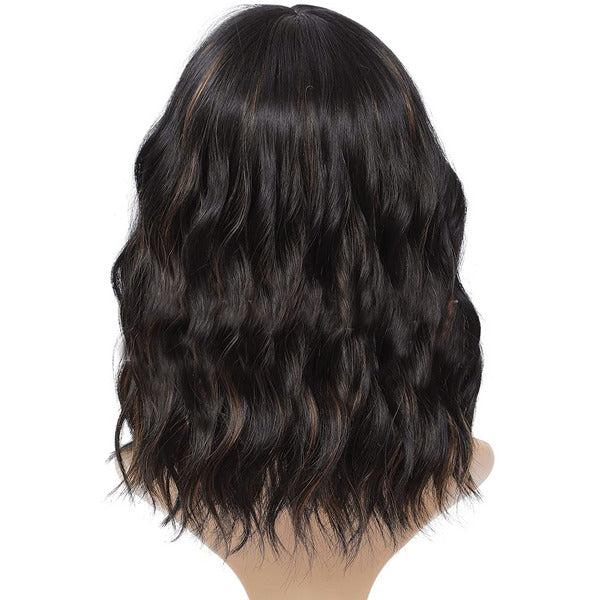 ColorfulPanda Short Bob Wigs for Women Black mixed Brown Highlight Curly Wavy Wigs with Bangs Natural Heat Resistant Fiber for Daily Use and Cosplay 14" 3