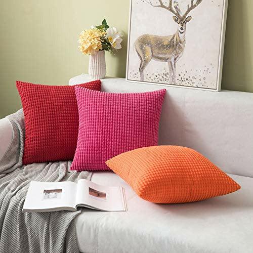 MIULEE Set of 2 Cushion Covers Cushions Decorative Corduroy 12x12 Inches, 30cm x 30cm Striped Solid Square Throw Pillow Cases for Sofa Couch Home Bedroom Red 3