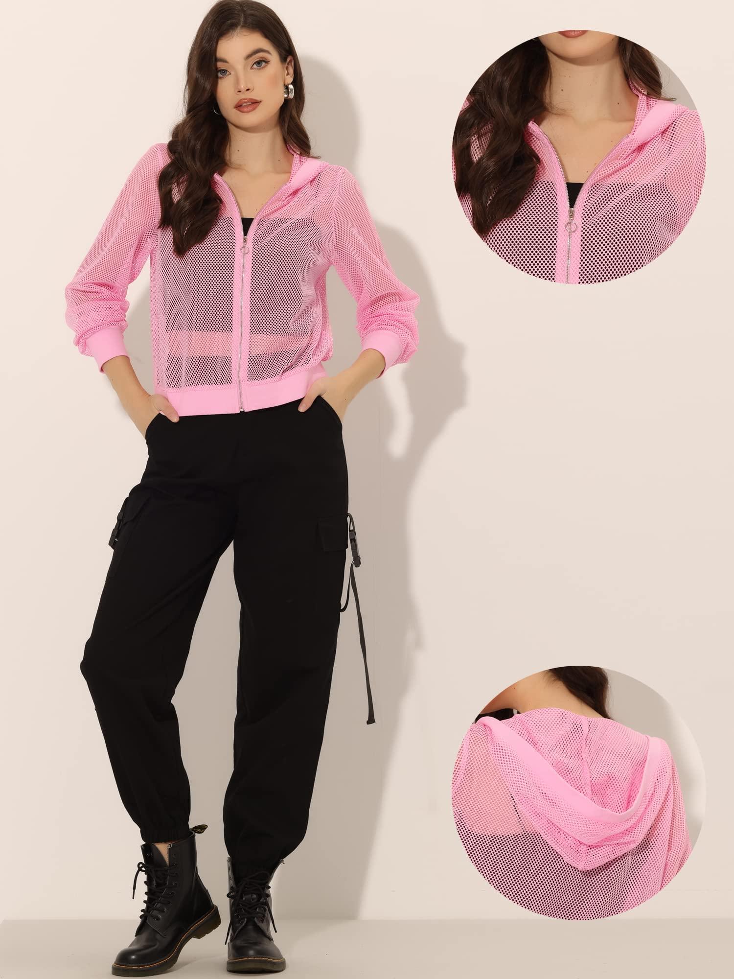 Allegra K Hoodie Jacket for Women's 2023 Zip Up Long Sleeve Mesh Sheer Bomber Jackets Pink XS 1