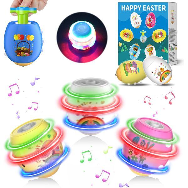 Easter Eggs Light Up Spinning Tops Toys, Gyroscope Flashing with Music and LED Lights UFO Magic Fidget Ball Novelty Bulk Toys, 6 PCS Easter Egg Hunt Fillers Kit, Gifts for Kids Boys Girls 3+