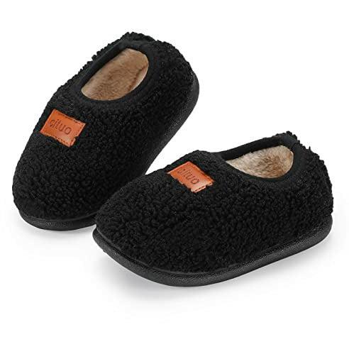 Boys Girls Slipper Winter Kids Plush Fleece House Shoes Hook and Loop for Toddler with Anti-Slip Sole (Slip-Black, 16CM) 4