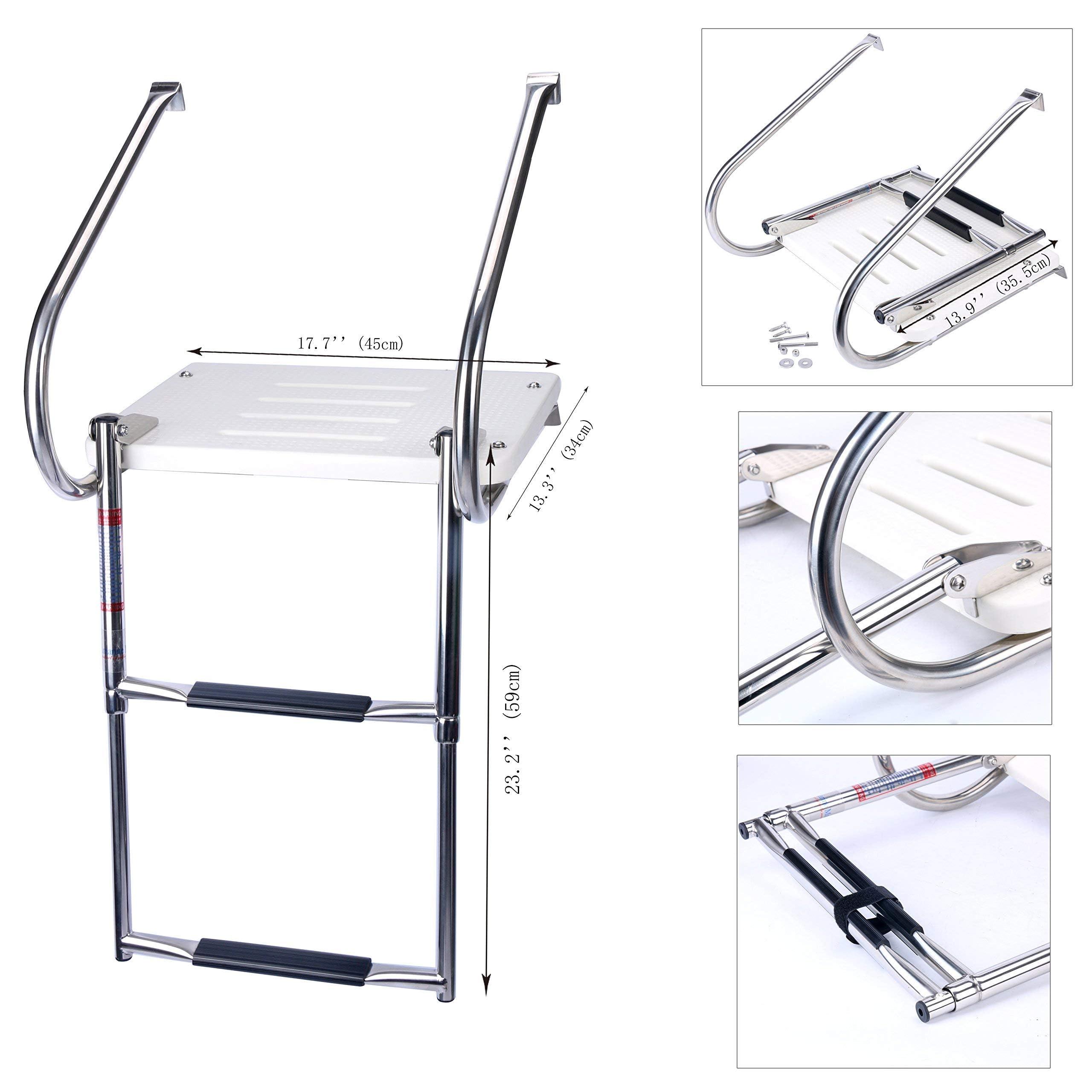 DasMorine 2 Step Telescopic Boat Ladder with Fiberglass Swim Platform, Stainless Collapsible Step Ladder 2 Handrails Inboard Transom Platform Boat Ladder for Pontoon Dock (Screws are Included) 1