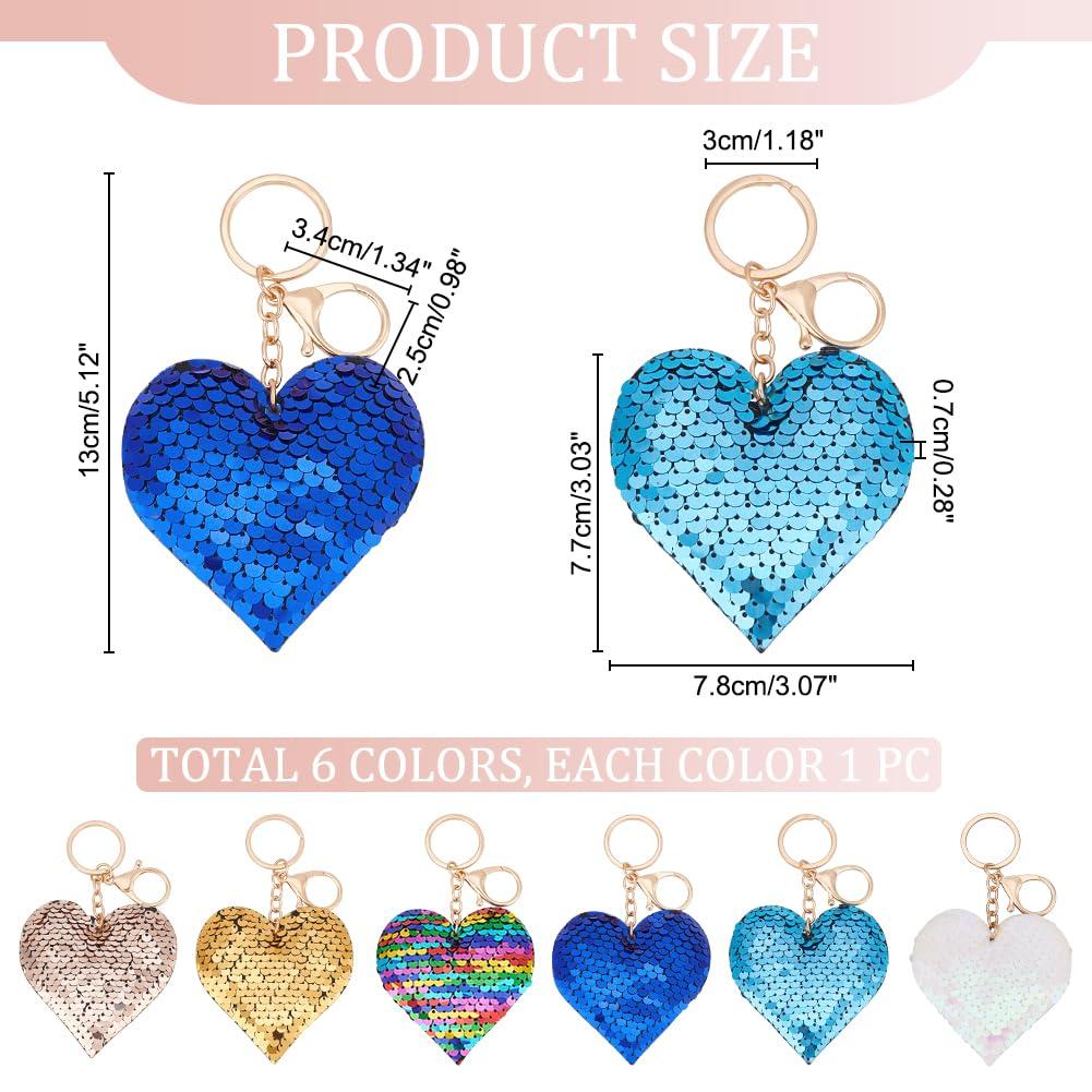 WADORN 6 Pieces Sequin Love Heart Keychain, Assorted Color Sparkly Bing Keychains Car Key Ring Holder Women Backpack Handbag Charms Phone Purse Decoration Pendent Accessories Valentines Gift, 13cm 1