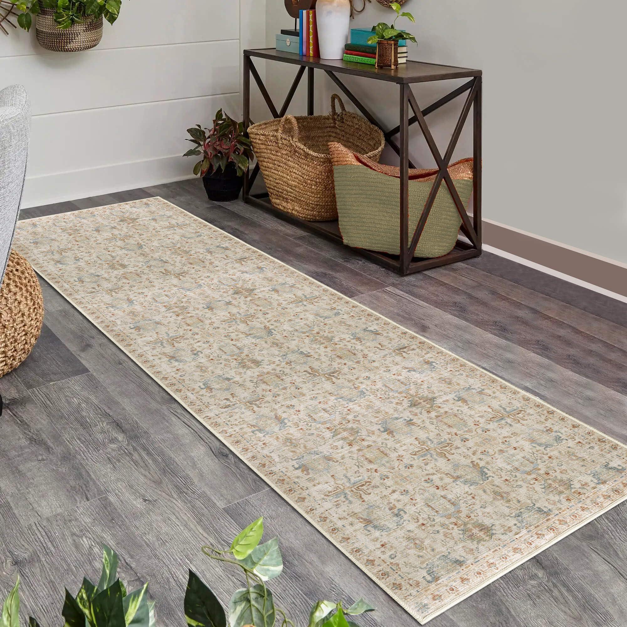 Vernal Sasae Machine washable, Non Shedding, Non Slip Area Rug for Living Room, Bedroom, Dining Room, Hallway, Kitchen, Pet Friendly, Beige/Stone Blue/Green, 76 cm X 243 cm 1