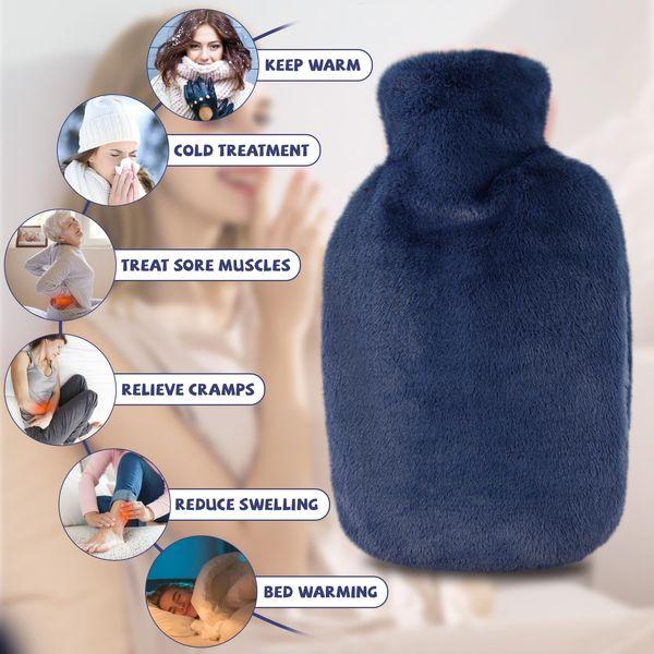 2pcs Hot Water Bottles 2L Large Hot Water Bottle with Cover, Fluffy Hot Water Bag Hand Feet Warmers with Pocket for Neck and Shoulder Pain Relief (Dark Grey & Dark Blue) 3