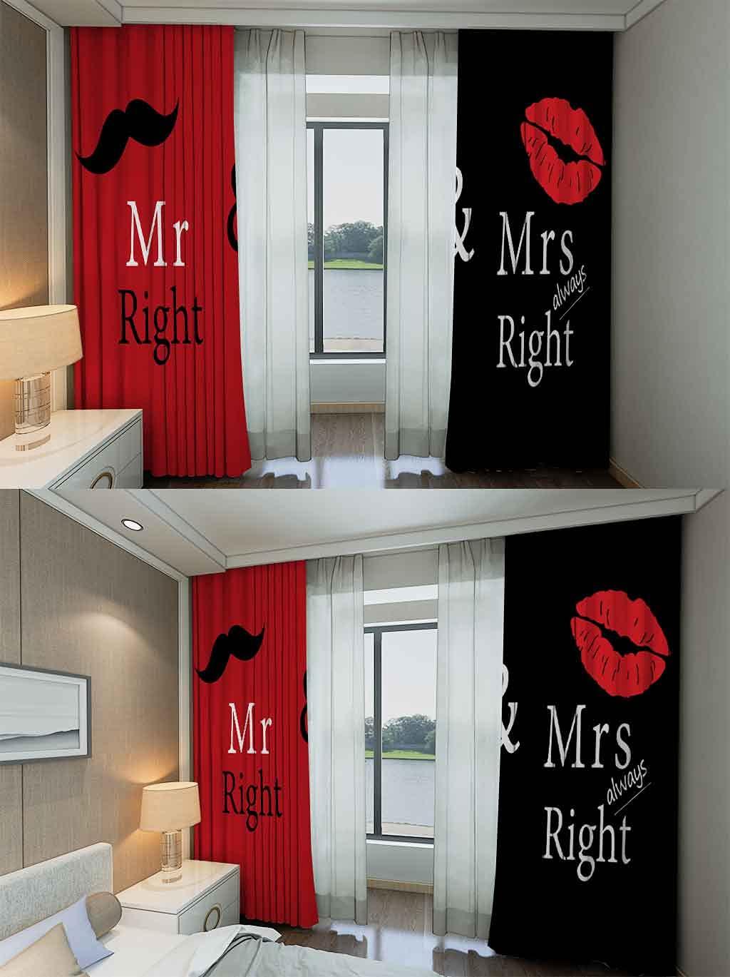 Mr Mrs Curtain Black Red Creative Window Curtain Love Man Mustache Woman Lip Romance Curtain Funny White Quote For Boys Girls Lover Couple Valentine Day for Bedroom Living Room W66*L72 4