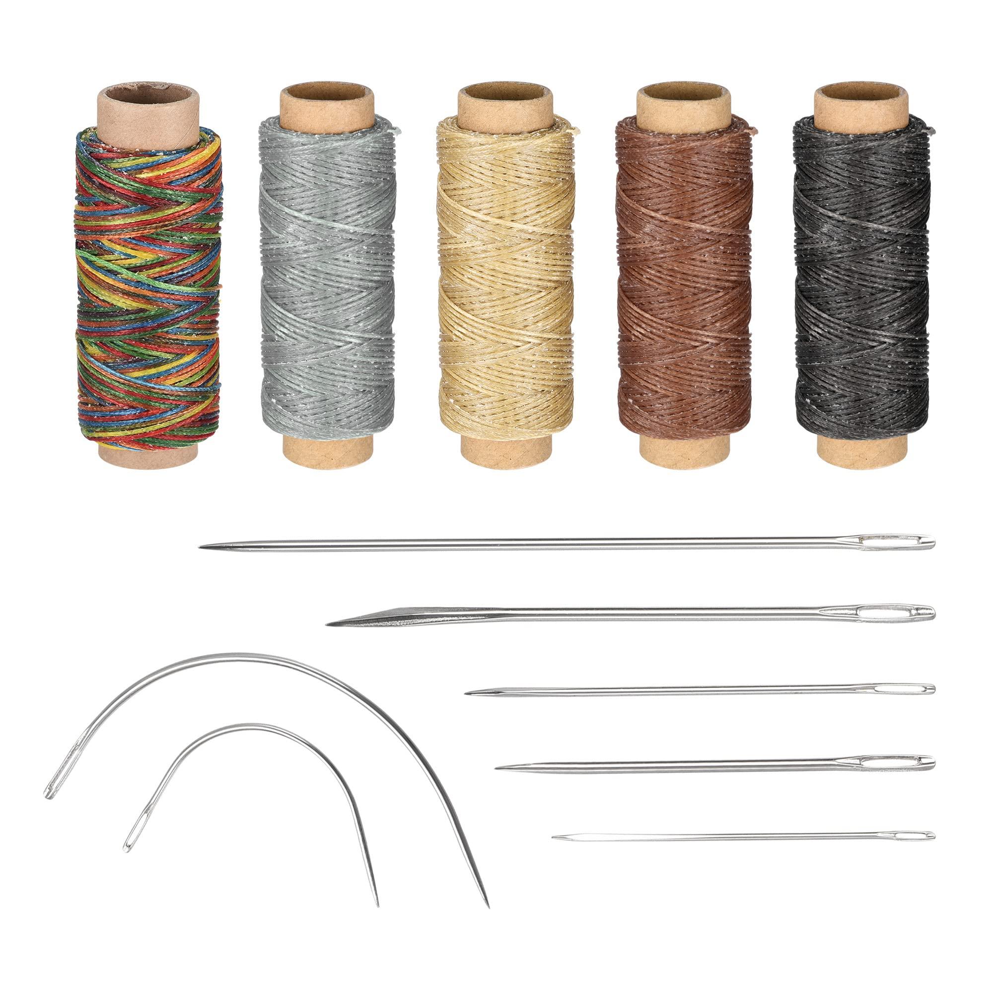 sourcing map Leather Sewing Threads Hand Stitching Tools Kit, Includes 5 Colors Waxed Flat Cord, Sewing Needles, Stitching Awl, Thimble. 2