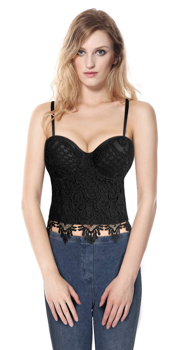 Charmian Women's B Cup Sexy Beauty Floral Lace Bustier Club Party Crop Top Bra Black Large 1