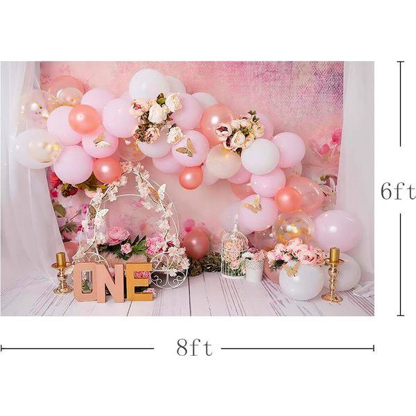 MEHOFOND 8x6ft Pink Girl 1st Birthday Backdrops Newborn Photography Props Balloons Flower Party Portrait Background Decoration Cake Smash Floral Birdcage Photo Studio Booth Supplies 2