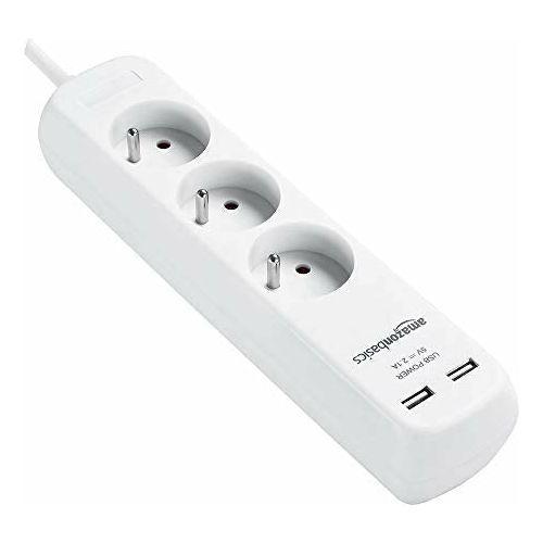 Amazon Basics Three Socket Extension Lead with 2 USB Charging Ports, 2 Metre, White 3