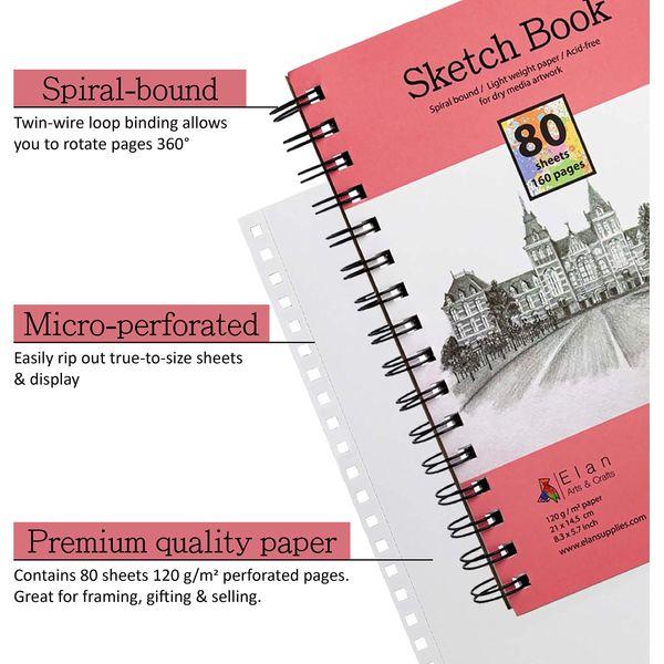 Elan Sketch Book A5 (4 Pack), 320 Sheets 120gsm Paper, A5 Sketchbook Spiral Bound Made for Artists, A5 Art Book, Sketching Pad A5, Lightweight Drawing Book, Sketchbook A5, Small A5 Sketch Pad A5 1