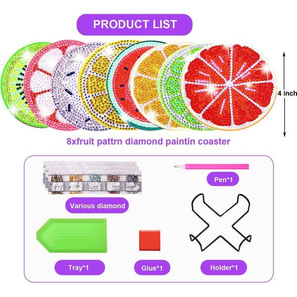 8 Pcs Diamond Painting Coasters with Holder,DIY Diamond Art Crafts for Adults, Small Diamond Painting Kits Accessories (Fruit) 1