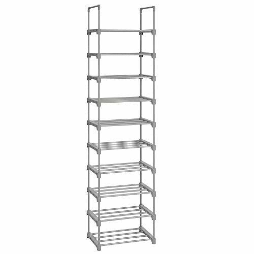 SONGMICS Large 10-Shelf Shoe Rack, Metal Shoe Storage Organiser, Customisable Design, Space-Saving and Versatile Rack for Living Room Bedroom Kitchen, 45 x 30 x 174 cm, Grey LSA025G02