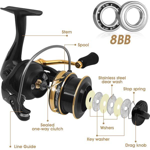 Ashconfish Fishing Reel, Freshwater and Saltwater Spinning Reel, Come with 109Yds Braid line. Lightweight Body, 5.0:1 Gear Ratio, 7+1 Steel BB, Max 17.6lbs Drag Power, Metal Spool &Handle,AF1000 3