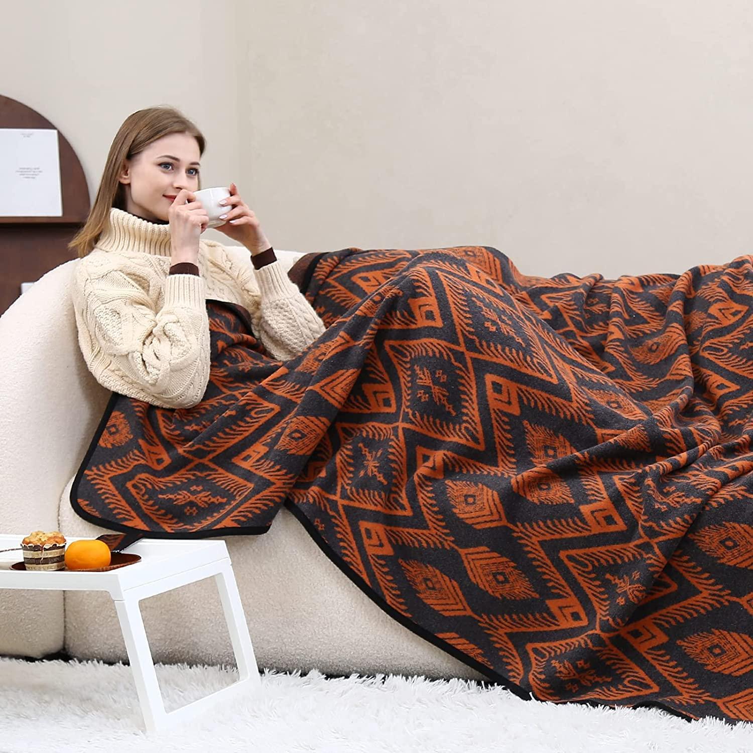 ACUSHLA Merino Wool Thorw Blanket - Warm, Thick, Washable, Large Throw - Great for Indoor Outdoor Camping (160 x 200 cm, Bohemia Orange) 2