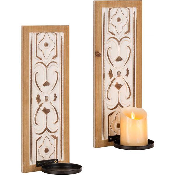 Sziqiqi Wooden Candle Sconce Wall Candle Holder - Shabby Chic Wall-Mount Pillar Candles Holders Rusitc Wall Sconces with Flower Embossed Design Wall Art Decorations for Living Room Farmhouse